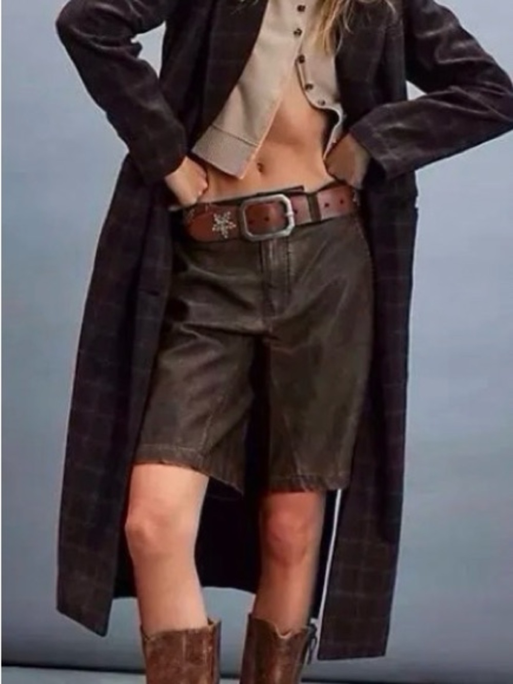 We The Free Dylan Distressed Vegan Leather Longline Shorts Brown Plus Size 32